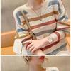 Maglione da Donna Largo Moda Coreana Lavorato a Maglia Autunno Primavera Pullover a Righe Traforato Streetwear Girocollo Abbigliamento Femminile