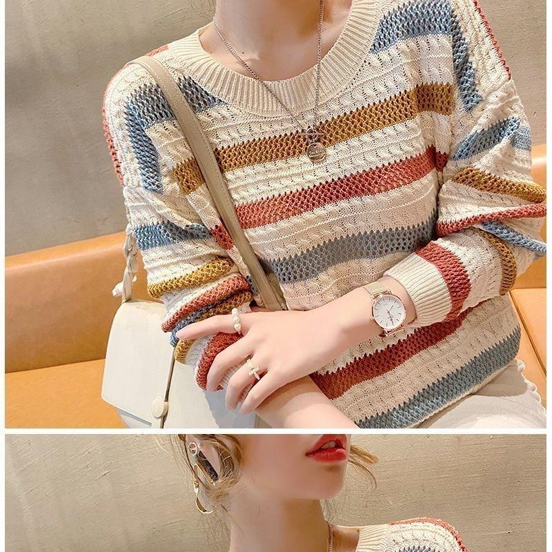 Maglione da Donna Largo Moda Coreana Lavorato a Maglia Autunno Primavera Pullover a Righe Traforato Streetwear Girocollo Abbigliamento Femminile