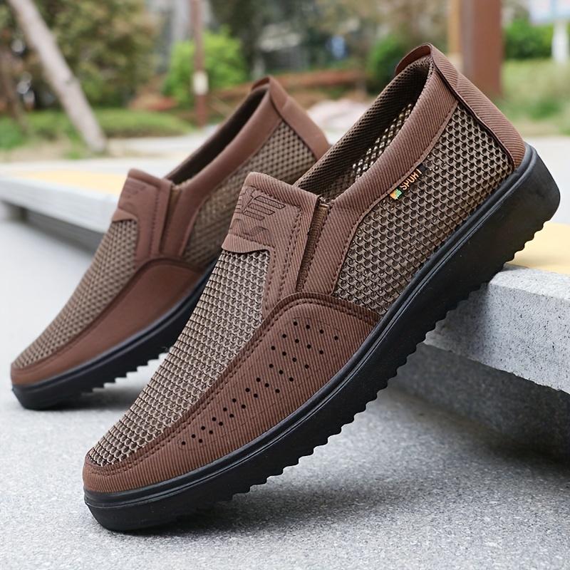 Lightweight Men's Breathable Slip-On Casual Shoes - Brown Mesh Fabric Low Top Walking Sneakers for Outdoor, All-Season Comfort