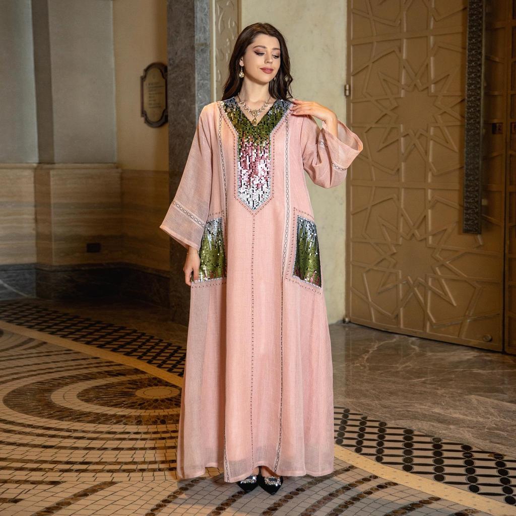Dubai Sequin Embellished Jalabiya - Eid Muslim Women's Long Robe