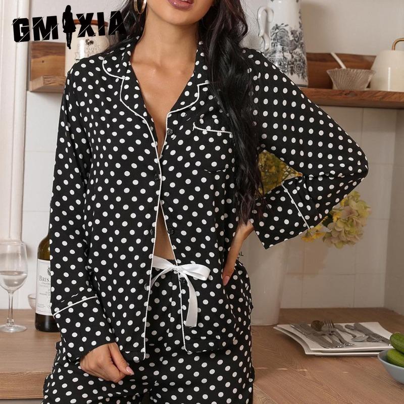 GMXIA Homewear Herbst und Winter Polka Dot Cardigan Langarm Pyjama Damenanzug