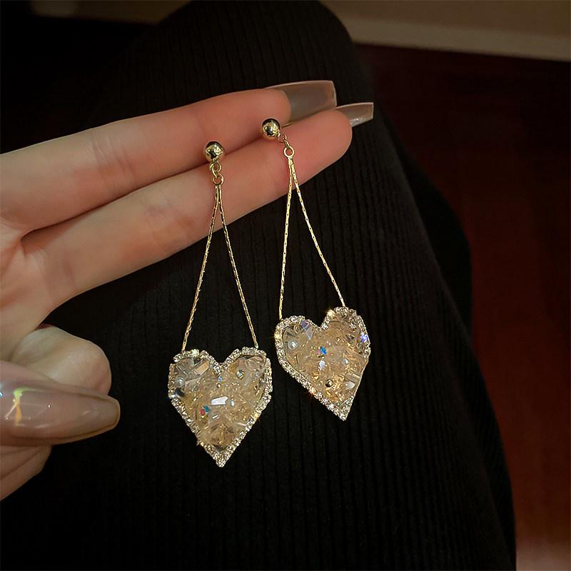 Gold-Plated Silver Crystal Rhinestone Heart Earrings - Elegant French Style, Light Luxury Accessories