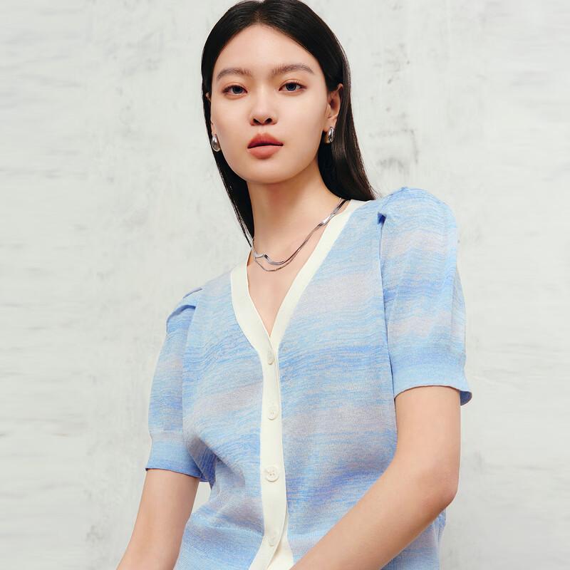 Sancai Women's V-Neck Knit Puff Sleeve Cardigan