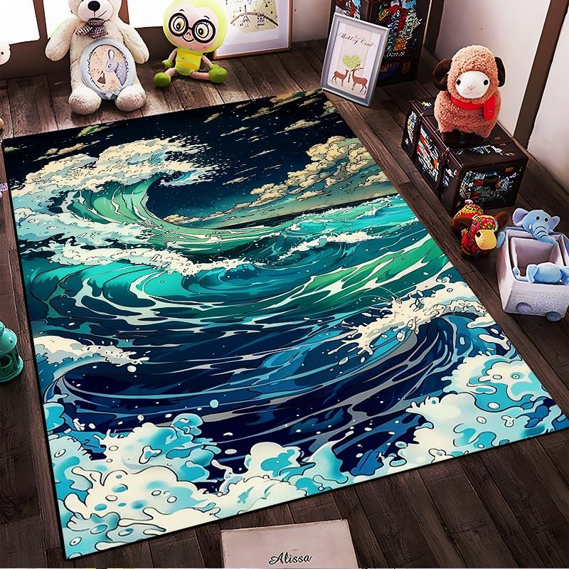 Ocean Waves Pattern Rug with Dynamic Blue and Green Design, Modern Style Suitable for use as an anti-slip for living room bedroom sofas