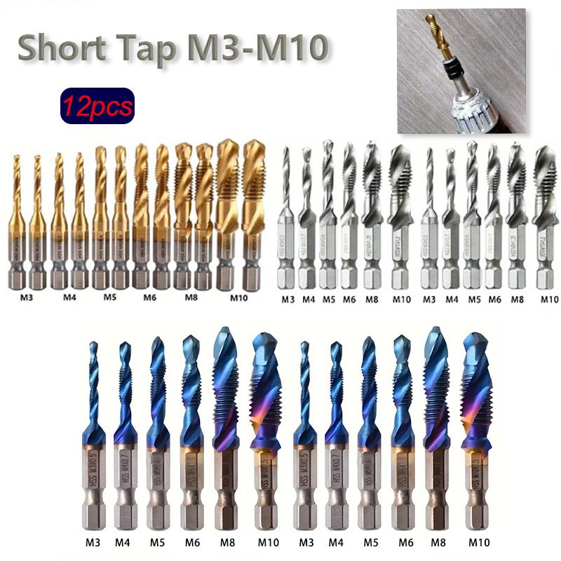 12pcs High-speed Steel Hexagonal Shank Tap Set - Multi Size M3-M10 Spiral Groove Tap Drill Bit for Precise Drilling and Tapping
