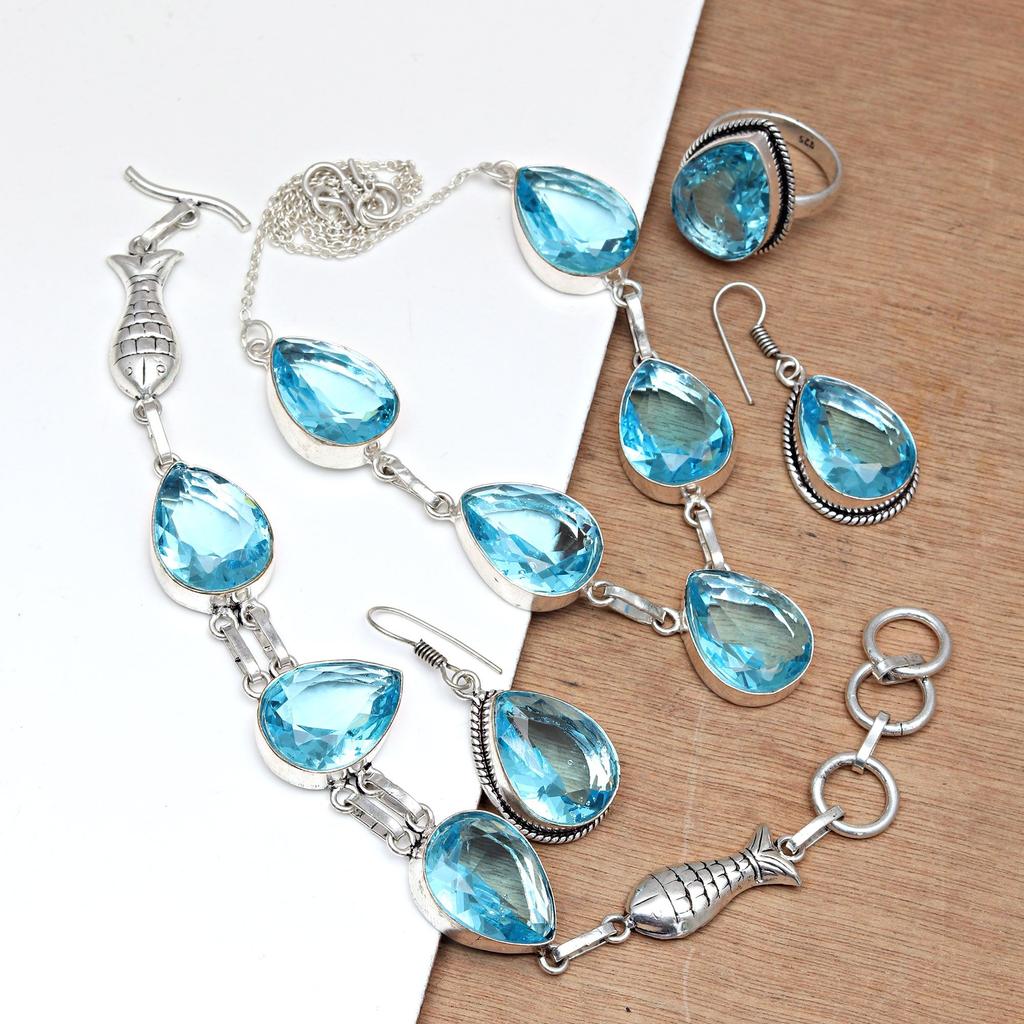 Topas Blau London Schmuck Set Edelstein Halskette Geschenk Sterling