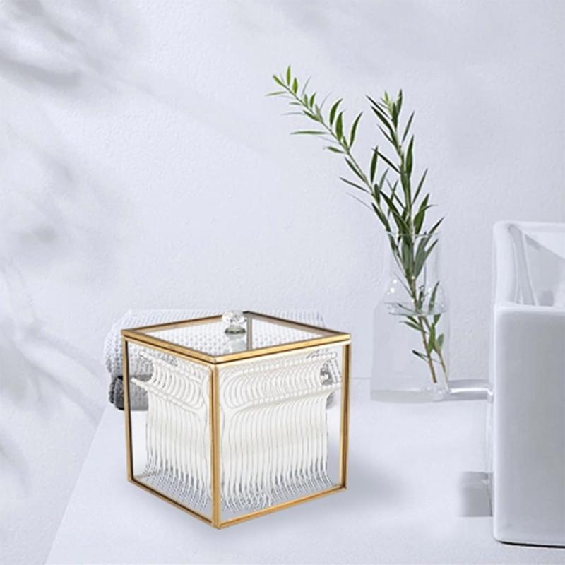 Elegant Glasbomullspinne Förvaringslåda Med Guldaccent Dammtät Transparent Organiserare För Badrum Och Heminredning