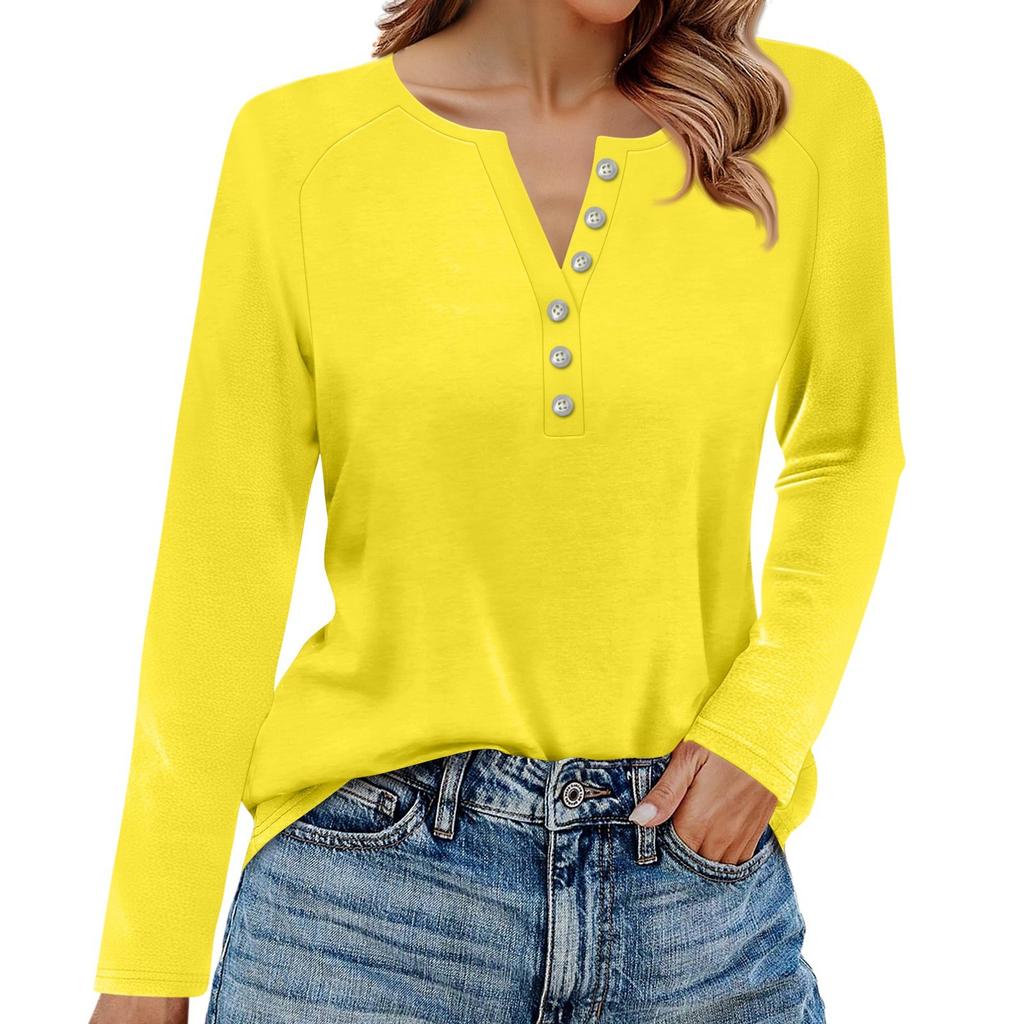 Women's T Shirt Solid Color Button Long Sleeve Daily Weekend Fashion Basic V- Neck Regular Top