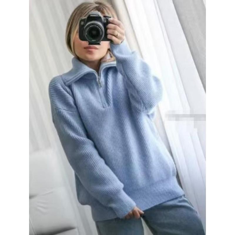 DAFIFY Women's Fashion Casual Fall Winter Solid Color Print Long Sleeve POLO Neck Sweaters