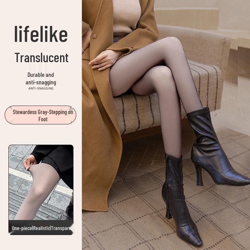 Grey-Black See-Through Base Layer Leggings with Fleece - Women’s Spring/Autumn/Winter Style for Bare Legs Look