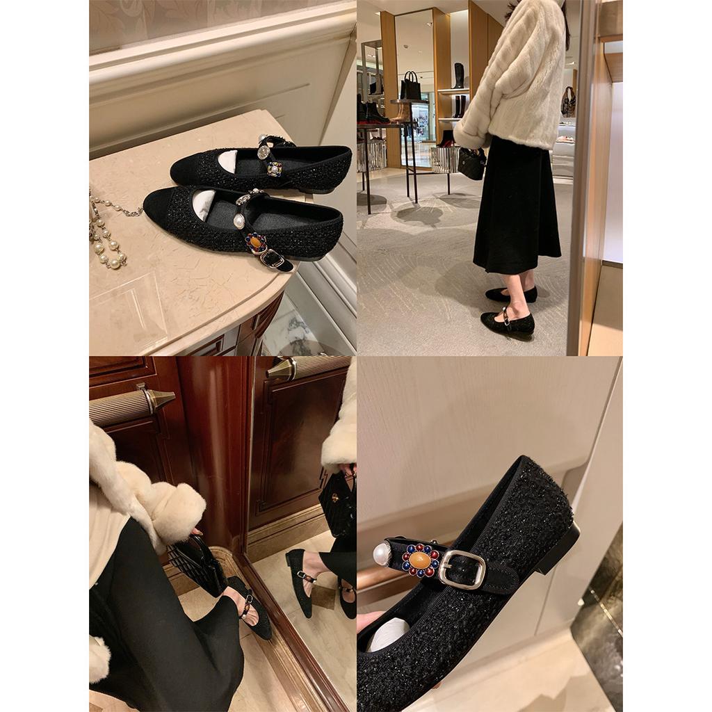 Sheepskin Princess Anne Tweed Badge Buckle Mary Jane Single Shoes Women's Banquet Wedding Shoes