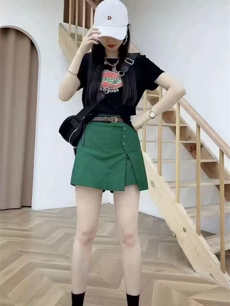 Khaki Women's Summer Workwear Skort - European Style, Slimming, Versatile, Elastic High-Waist, Mid-Calf Split.