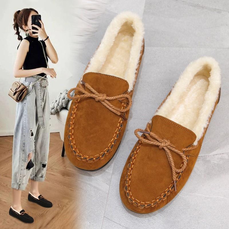Doudou shoes single shoes 2024 winter new Korean version women's velvet flat-soled casual shoes lazy one-pedal cotton shoes tide