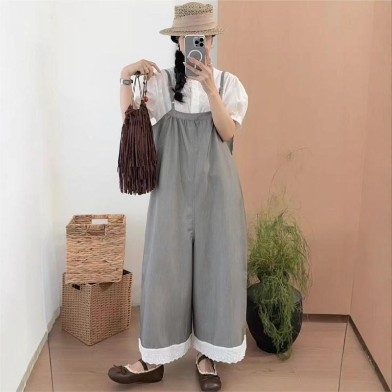 Johnature Casual Japanese Suspender Pants Women Summer Collection Loose Versatile Wide-leg Jumpsuits