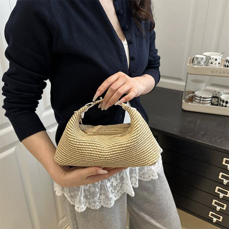 Raffia Straw Woven Clutch Purse Hobo Dumpling Women Handbag Summer Beach Grass Braided Solid Color Evening Bag KTB