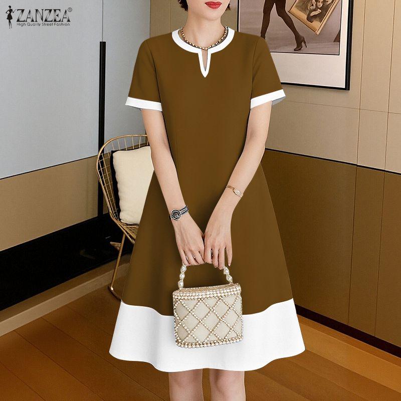 ZANZEA Damska swobodna, letnia sukienka z okrągłym dekoltem i krótkim rękawem