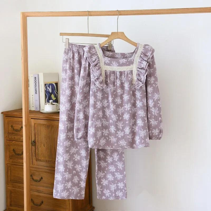 

Женская пижама из двухслойного крепа из хлопка на весну и осень, новые летние брюки с длинными рукавами, тонкий цветочный пуловер для домашней одежды XL