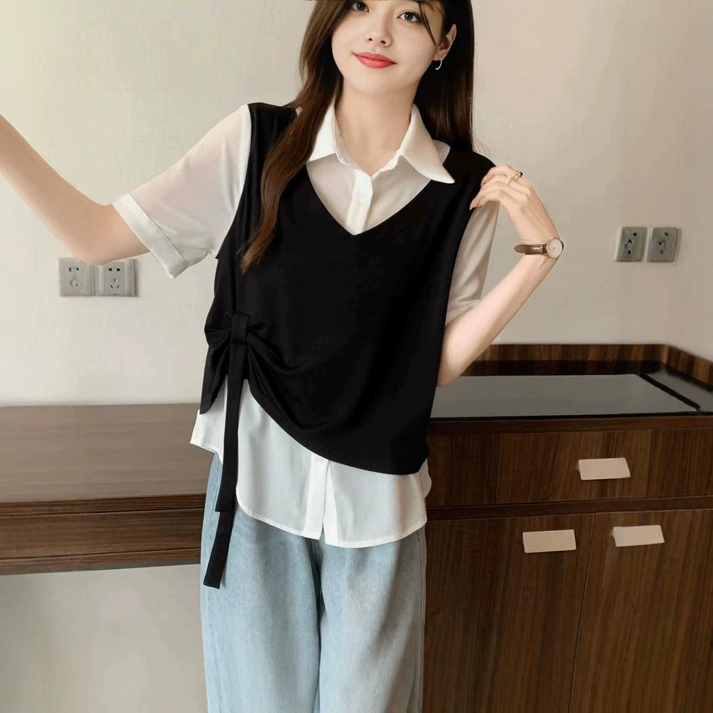 Summer new casual fake two-piece lapel splicing top versatile age-reducing thin short-sleeved contrasting shirt
