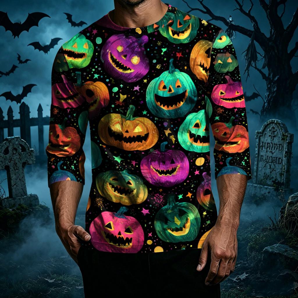 Men's Casual Halloween Print Crew Neck T Shirt Three Quarter Sleeve Top Lightweight Comfortable Fit Stylish Design