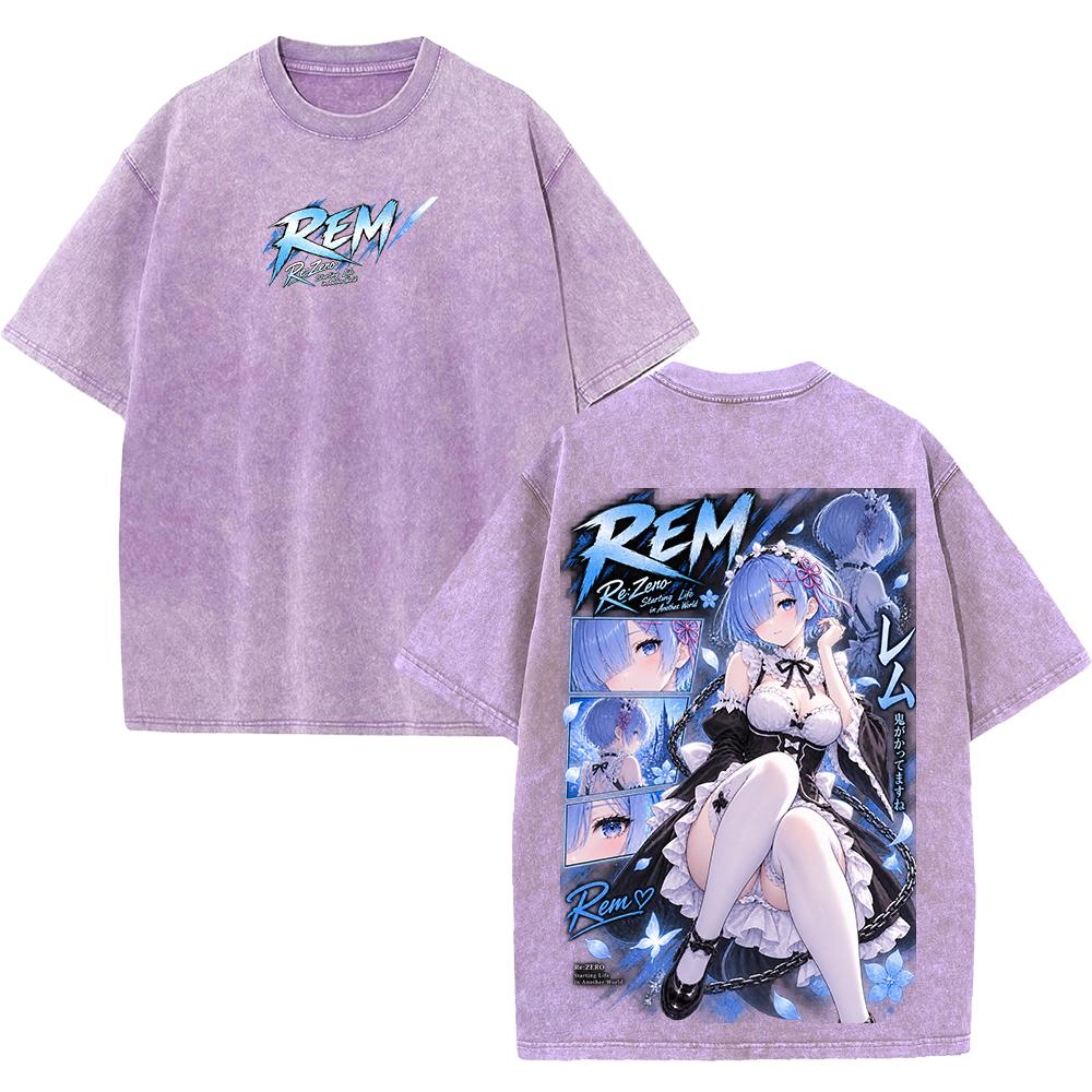 Rem Re:Zero Anime Retro T Shirt Fashion Manga Vintage Washed Streetwear Harajuku Oversized 100% Cotton T-shirt Men Women Tee Top