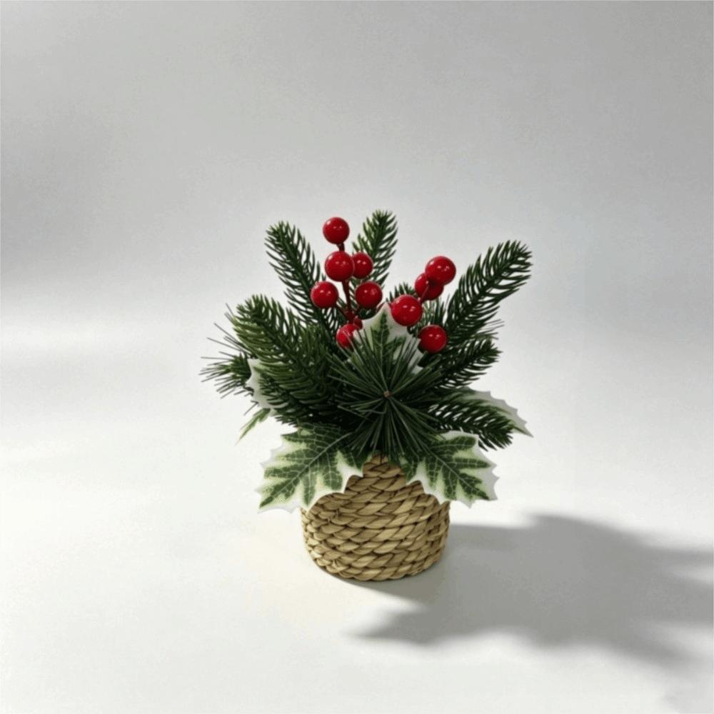 Red Berry Faux Holly Pine Cone Ornament Woven Basket Christmas Mini Potted Plant Home Decor