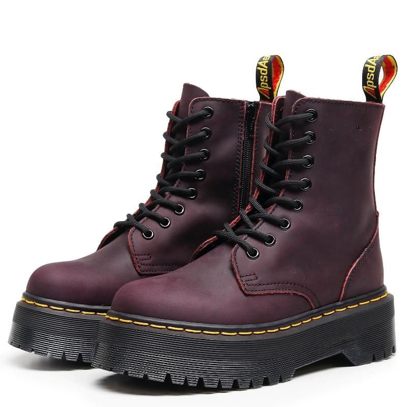 First Layer Thick Bottom Hole Locomotive Boots Women, Side Zipper Mad Horse Purple Short Boots Leather Muffin Bottom Tooling