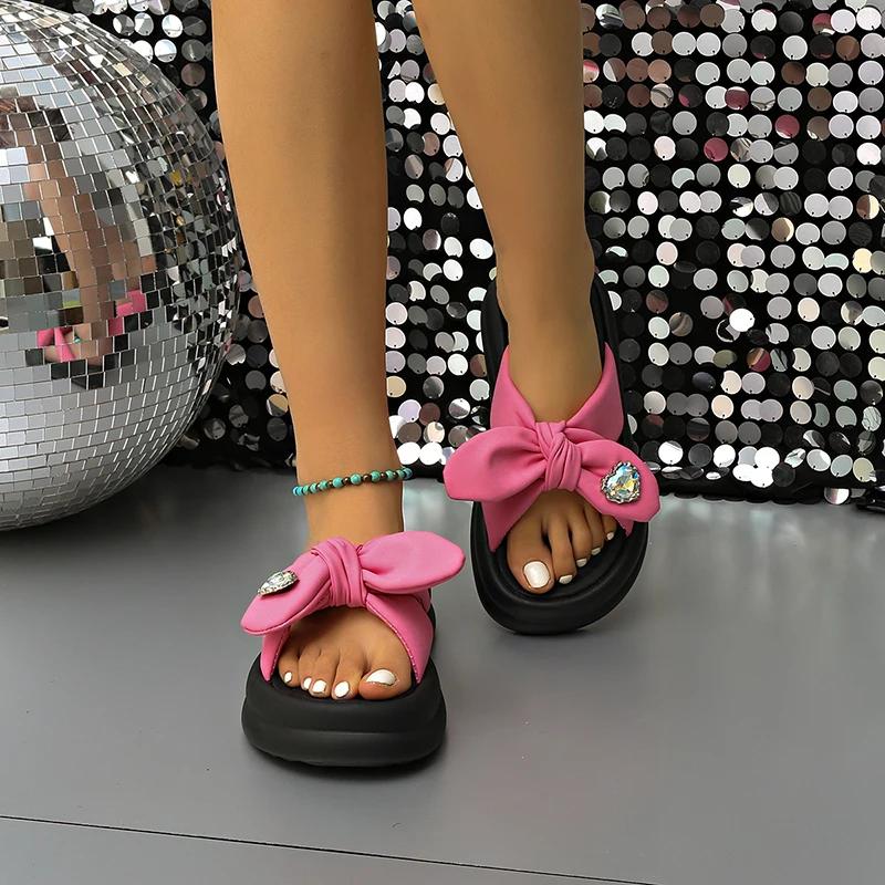 

Fashion Summer Bow Knot Crystal Decor Slippers for Women Thick Sole Pu Leather Sandalias Woman 2025 Casual Lightweight Slippers Mujer 41 розовый