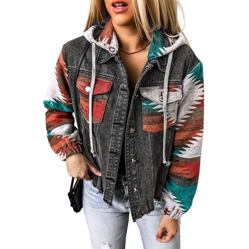 Damen Oversize Jeansjacke Mit Kapuze Patchwork Kontrastfarbe Retro Vintage Stil Langarm Lockerer Schnitt