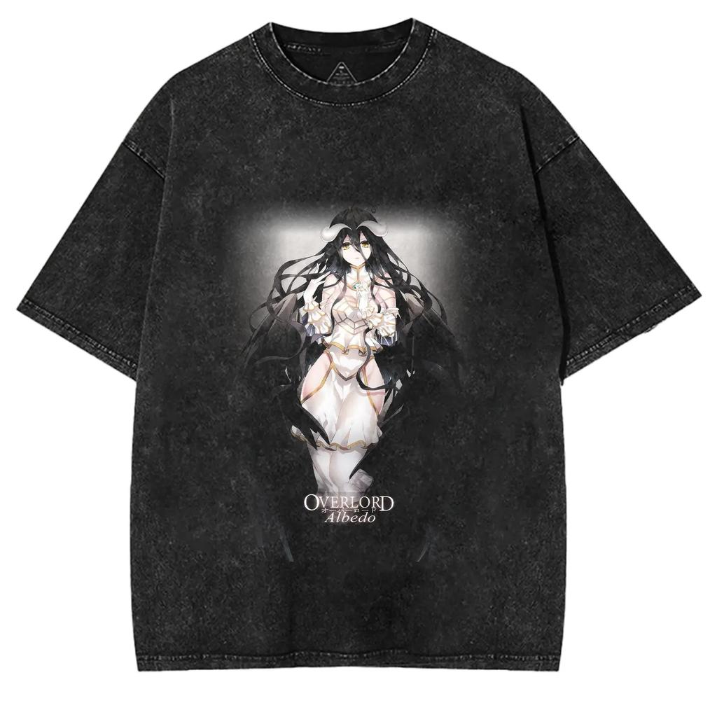 Albedo Overlord T-shirt For Men's Clothing Anime Gothic Y2k Washed Oversized T Shirt Summer Short Sleeve 100% Polyester Tees Tops