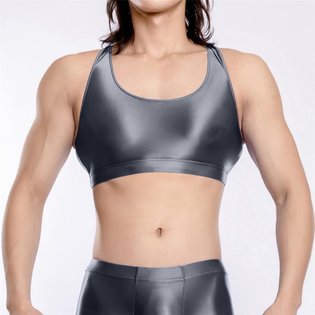 Sexy Men Stain Thin Sleeveless Tank Tops Oil Glossy Shiny Elastic Short Vest Sexy Tights Sheer See Through Top Candy Color