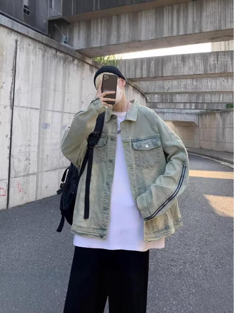Unisex Trendy Zipper Denim Jacket: American Hong Kong Style for Spring & Autumn