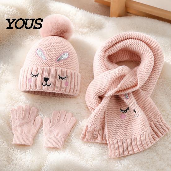 Stylish Winter Set for Outdoor Activities Hat Gloves Scarf Kids, Warm Knitted Pompom Hat, Cute And Kids Bunny Embroidery, Cozy Boys Girls Ages 2 to 6
