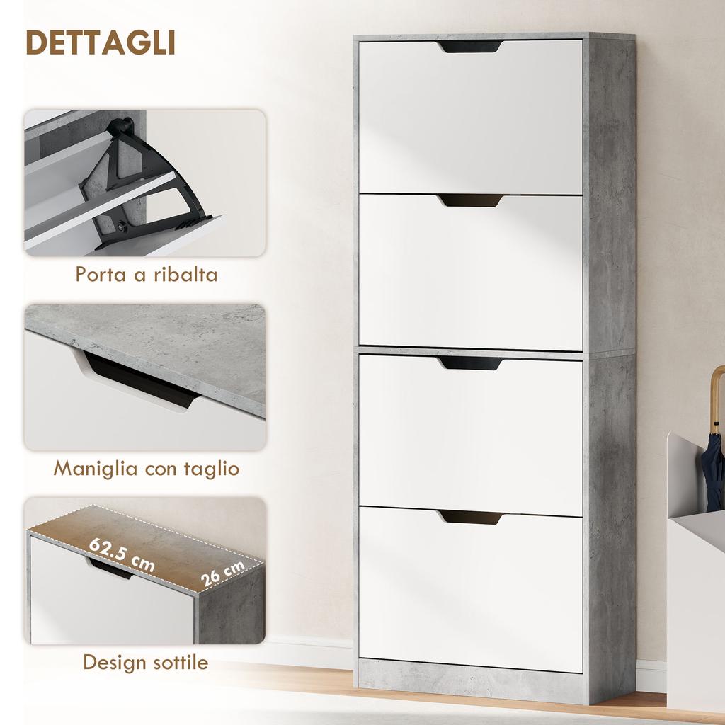 Modern Space-Saving Shoe Cabinet with 4 Doors for 16 Pairs of Shoes, 62.5x26x156 cm, Concrete Grey