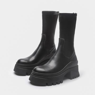 Fashion Chelsea Boots Women Ankle Boots Fashion Chunky Sole Slip On Long Boots Genuine Leather Black Short Boots Feminina Platform Shoes