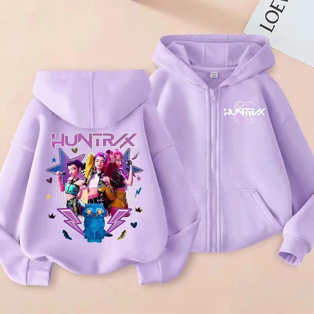 KPop Demon Hunters Zipper Hoodie Cartoon Girls Coat Fashion Thin Clothes Purple Autumn Hoodie Jacket Kids Anime Sweatshirt