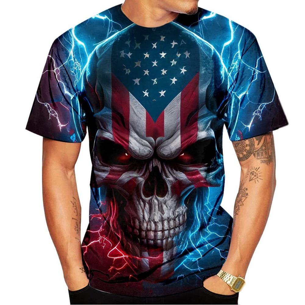Camiseta de Manga Corta con Cuello Redondo para Hombre con Estampado de Calavera Psicodélica Impresión Digital 3D de Moda