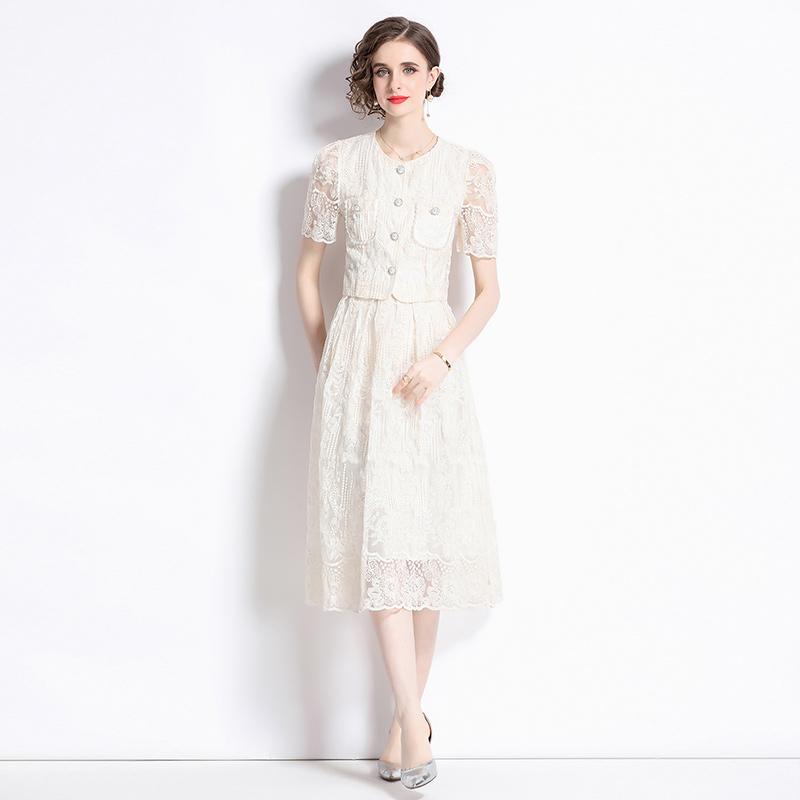 Koreanische Mode süße Spitze Set zweiteilige Rock Anzüge Spitze Stickerei Blume Kurzarm Shirt Tops Midi Rock Damen Outfits