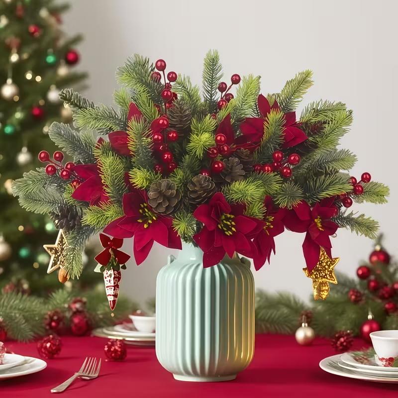 4pcs Artificial Christmas Pine Branches with Red Berries, Artificial Evergreen Branches, Classic Poinsettia Design, Perfect for Halloween, Christmas