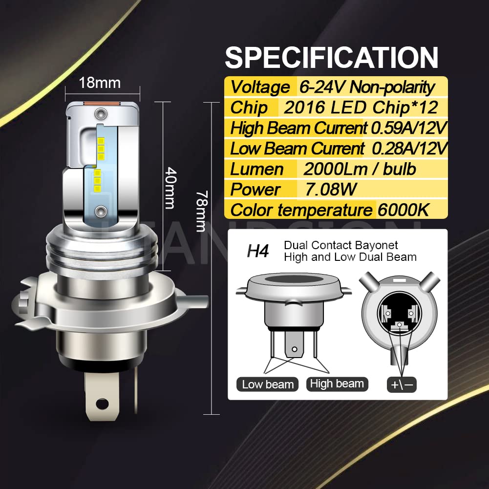 Ruiandsion H4 LED Motorcycle Headlight Bulb White 6V 12V DC