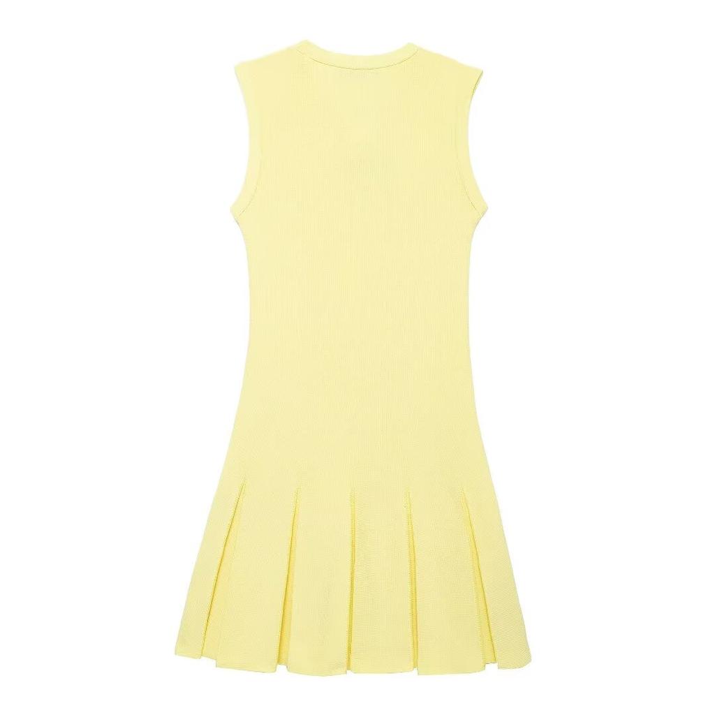 Dámské bledě žluté pletené plisované šaty Módní kapsy O-výstřih Bez rukávů A-linie Mini šaty Oficiální