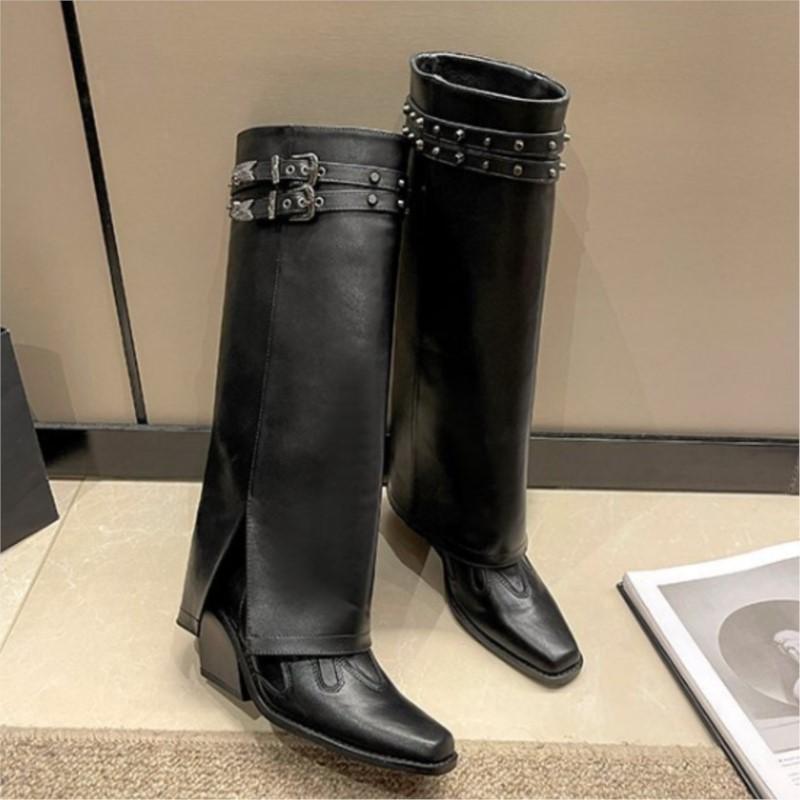 Western Cowboy Boots Women's Pant Boots Fall and Winter New Thick Heel Double Buckle Square Head Slim Tall Knight Boots C1053