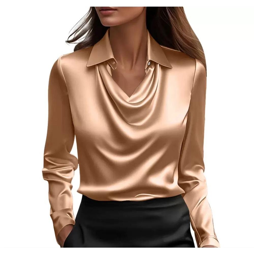 Women's Turn Down Collar Cowl Neck Long Sleeve Satin Blouse Regular Fit Elegant Work Shirt