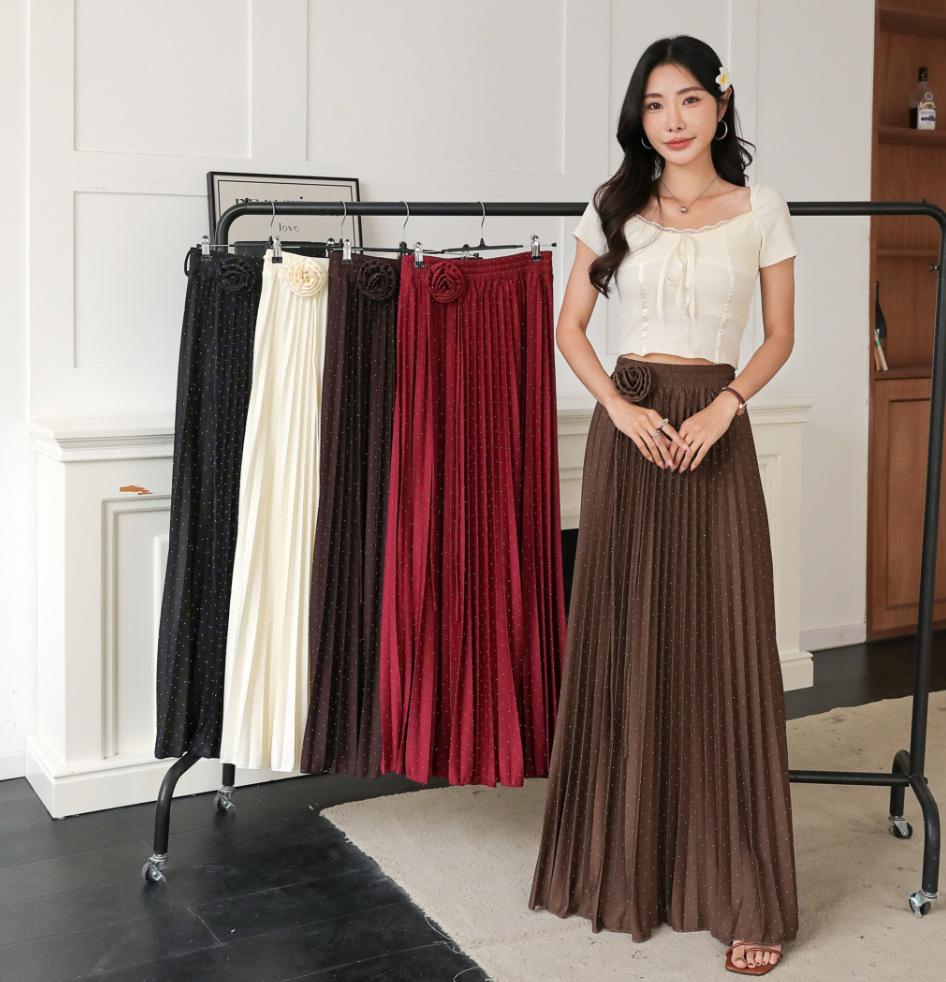 Jupe trapèze plissée à taille haute ornée de perles florales - Jupe longue amincissante pour femme, Arrivage Printemps 2026