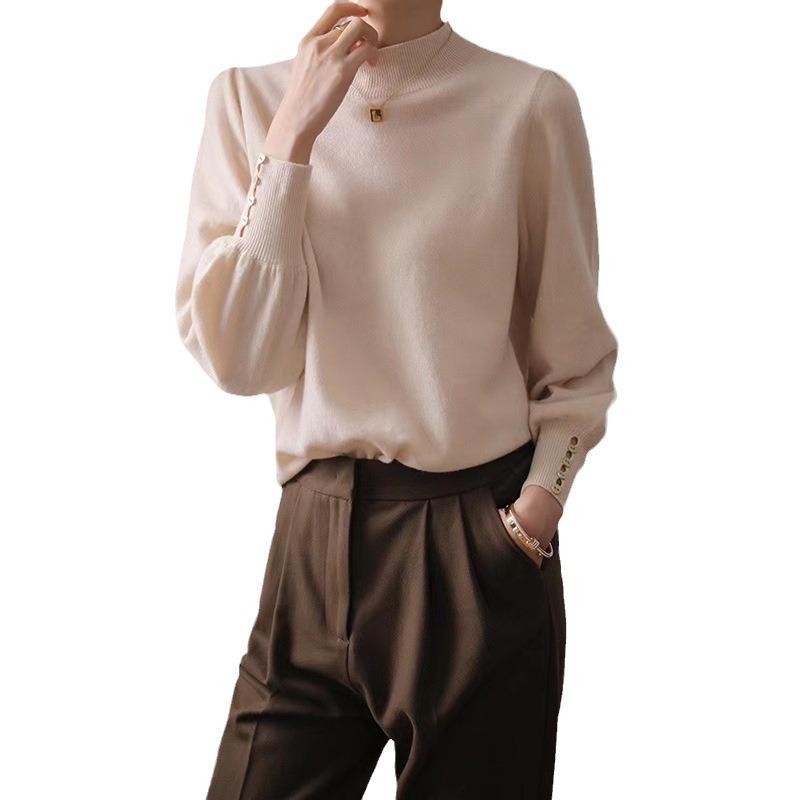 Autumn and Winter New Temperament Semi-turtleneck Back Buckle Design Lantern Sleeves High-end Sense Solid Color Knitted Bottoming Sweater Women