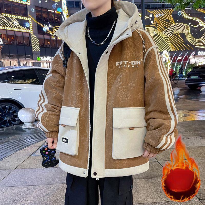

Winter Fleece-lined Thickened Jacket Men s New Fashion Cold-proof Warm Youth Hong Kong Style Tooling Large Pocket Cotton-padded Jacket 3XL коричневий