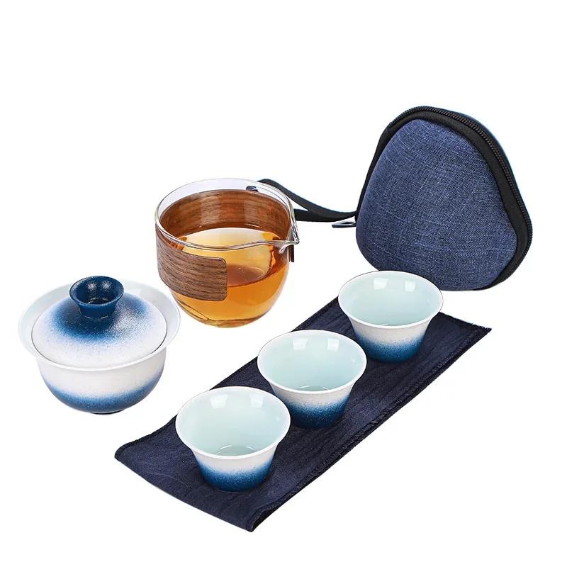 Ceramic Porcelain Kung Fu Tea Set Teaware Outdoor Travel Tea Set Tea Bag Anti-scalding One Pot Four Cups Teapot Tea Ceremony