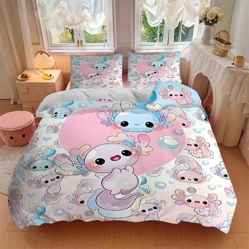3pcs Axolotl Love Heart Bedding Set, Includes One Quilt Cover and Two Pillowcases (No Core), Cute Axolotl Design for Bedroom Decor