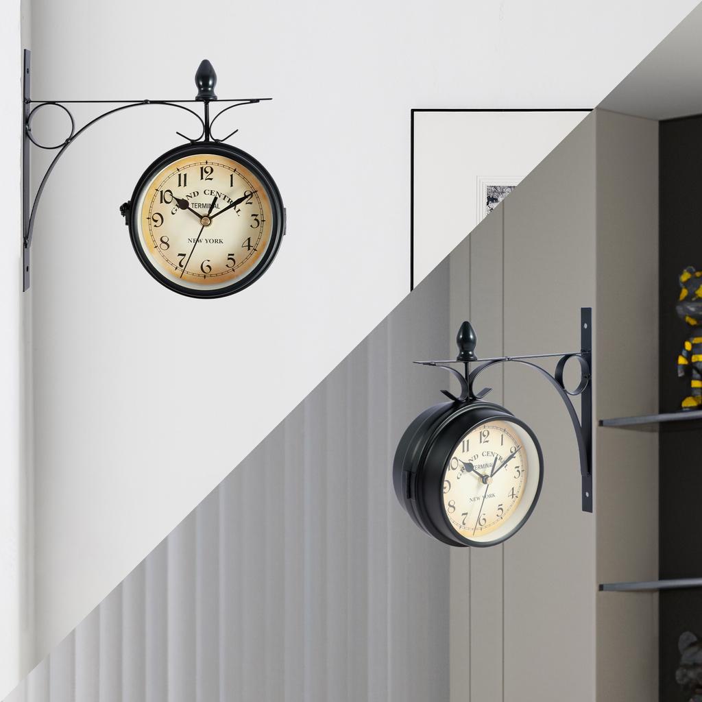 Nástěnné hodiny Retro Oboustranné nádražní hodiny na baterie Tiché hodiny se sadou pro montáž na zeď Antikvární nástěnné hodiny pro domácnost