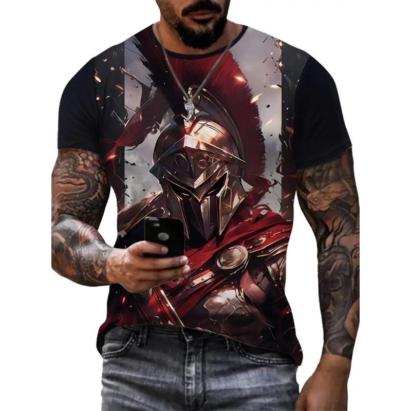 Men's Stylish Warrior Graphic T Shirt Clothes Full Print Short Sleeve Crew Neck Casual Tshirts Tops New In Mens Tees Streetwear