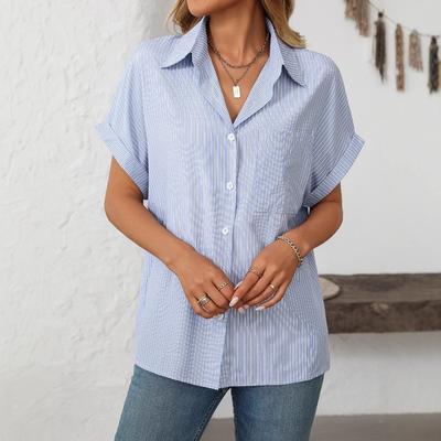 Spring and Summer Women's Loose Short Sleeve Pocket Casual Striped Shirt